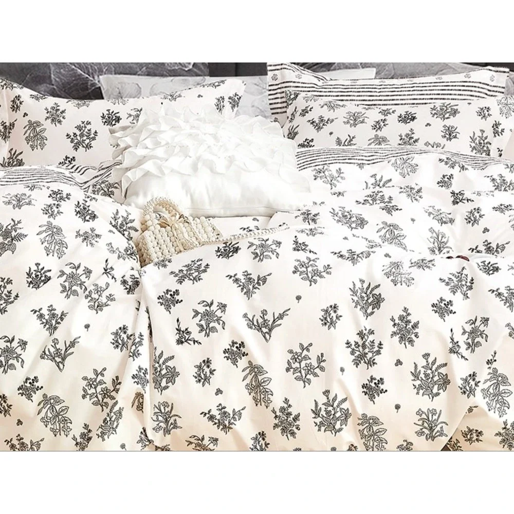 Parsley Black White Floral‎ Cotton Reversible Comforter Set King French Country